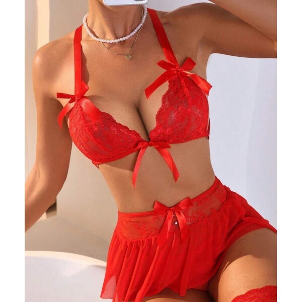 Tegan Fantazi Kırmızı Dantelli Fiyonklu Seksi Babydol  TG279240