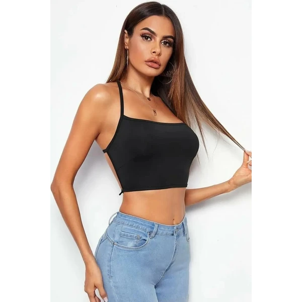 Tegan Kadın Sırtı Açık Siyah Belden Bağlamalı Crop Büstiyer TG275441