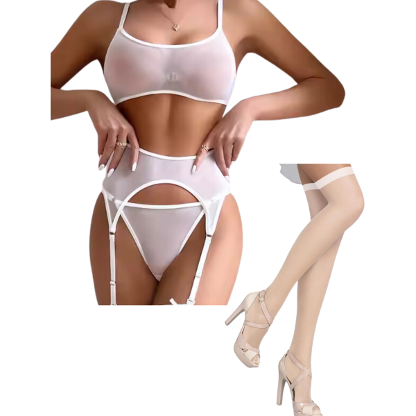 Tegan Fantezi Beyaz Transparan Tül Jartiyer Takımı TG273262