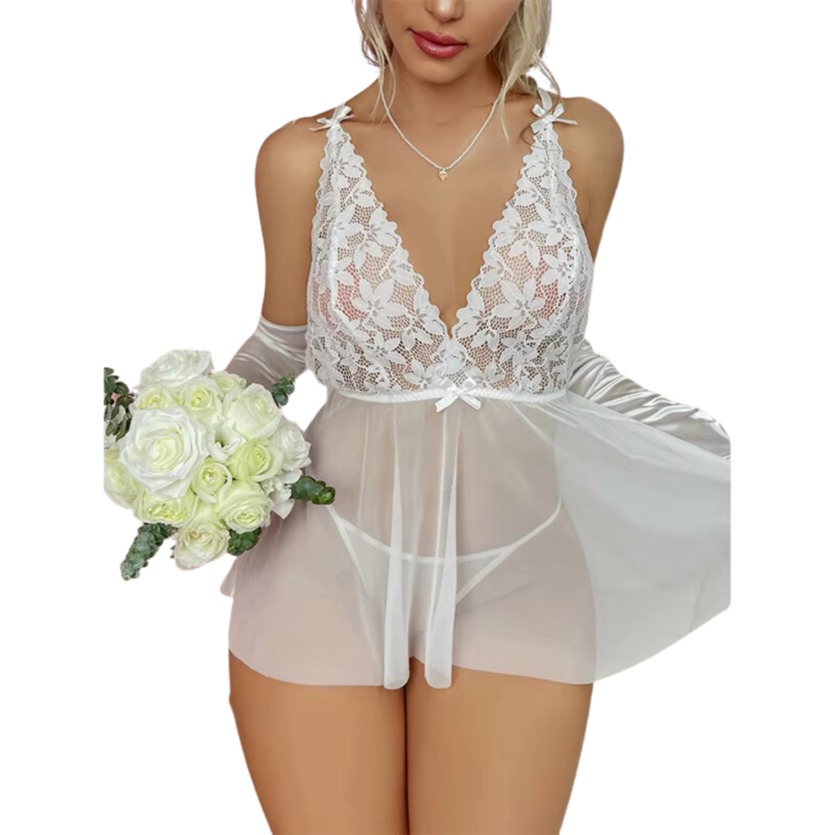 Tegan Fantezi Beyaz Dantelli Transparan Tül Etekli Seksi Elbise Gecelik TG273266 - Görsel 2
