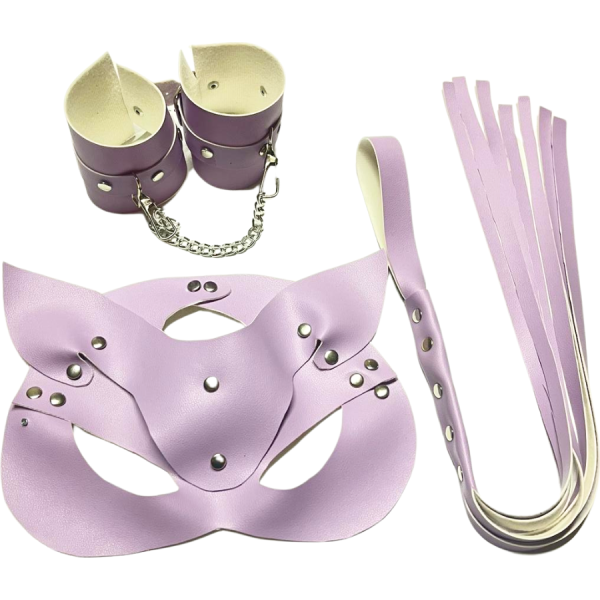 Tegan Fantezi Deri Seksi Lila Kedi Maske Kelepçe Kırbaç Seti ( 3’lü set) TG275370