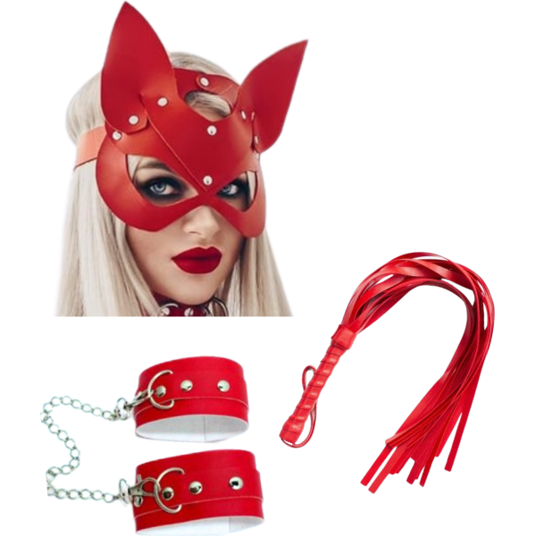Tegan Fantezi Deri Seksi Kırmızı Kedi Maske Kelepçe Kırbaç Seti ( 3'lü set) TG275367