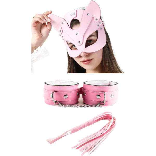 Tegan Fantezi Deri Seksi Pembe Kedi Maske Kelepçe Kırbaç Seti ( 3'lü set) TG275368