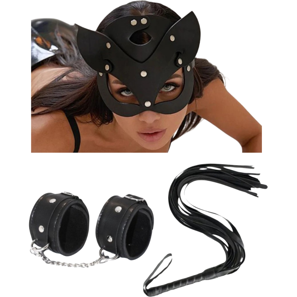 Tegan Fantezi Deri Seksi Siyah Kedi Maske Kelepçe Kırbaç Seti ( 3'lü set) TG275369