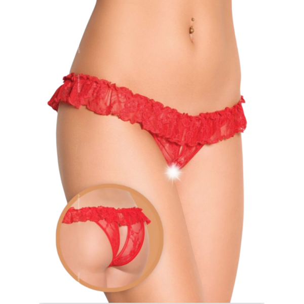 Tegan Fantezi Üstü Fırfırlı Ağı Açık Kırmızı Dantel Tanga - String TG270020