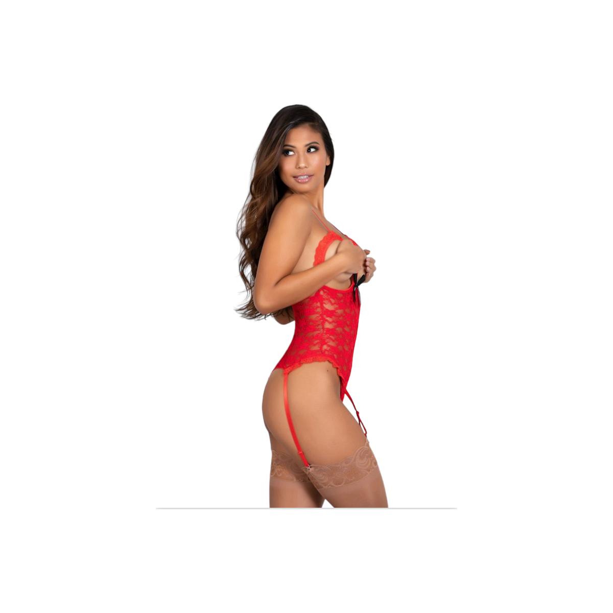 Tegan Fantezi Özel Ağları Açık Kırmızı Dantel Jartiyer Takım Çorapsız! TG272384 - Görsel 2